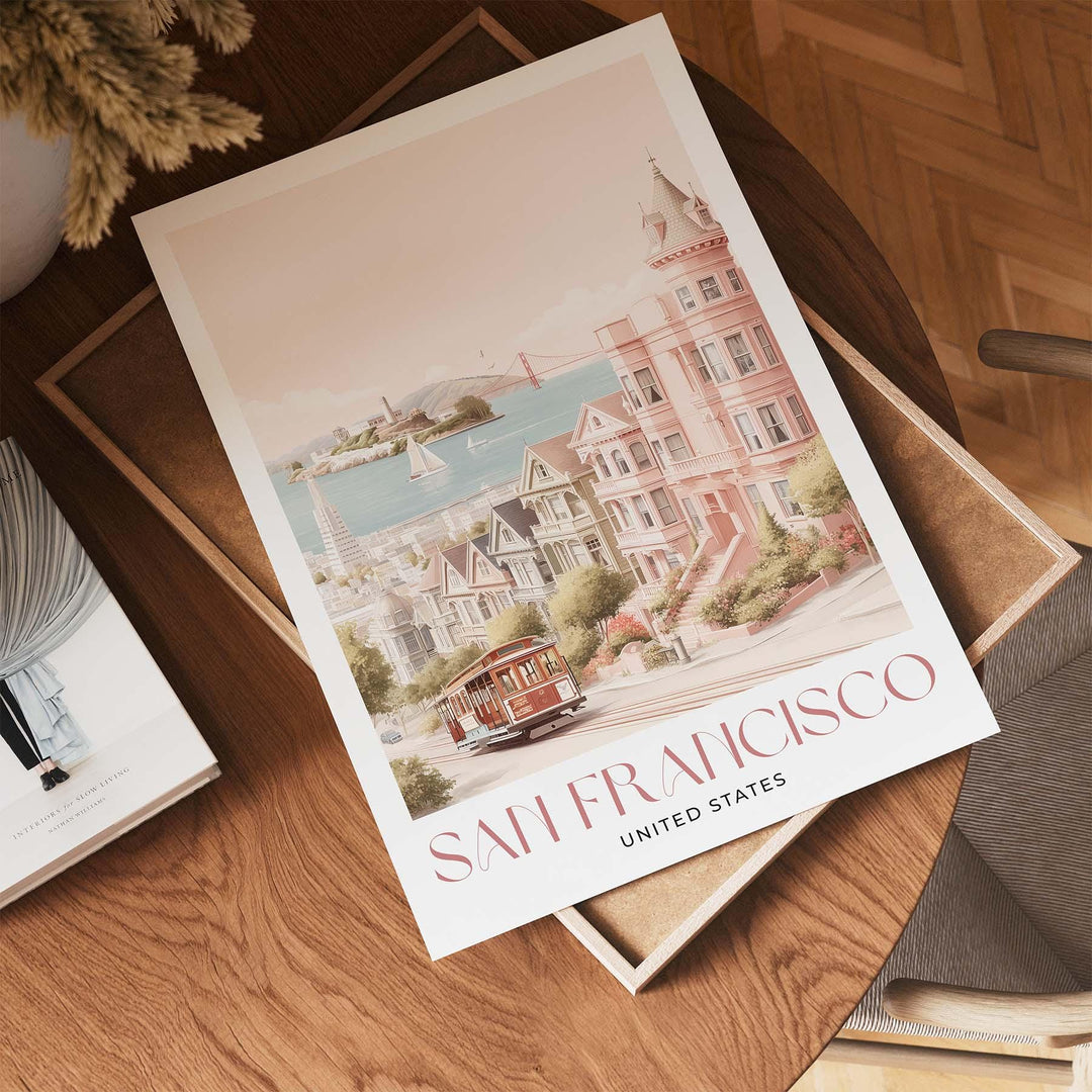 San Francisco Travel Art Print, United States California Watercolour Wall Art, Pastel Alcatraz Island Poster, Pink Cityscape Home Decor