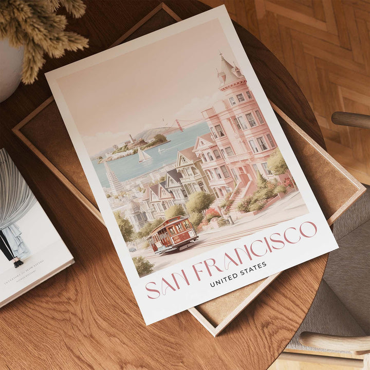 San Francisco Travel Art Print, United States California Watercolour Wall Art, Pastel Alcatraz Island Poster, Pink Cityscape Home Decor