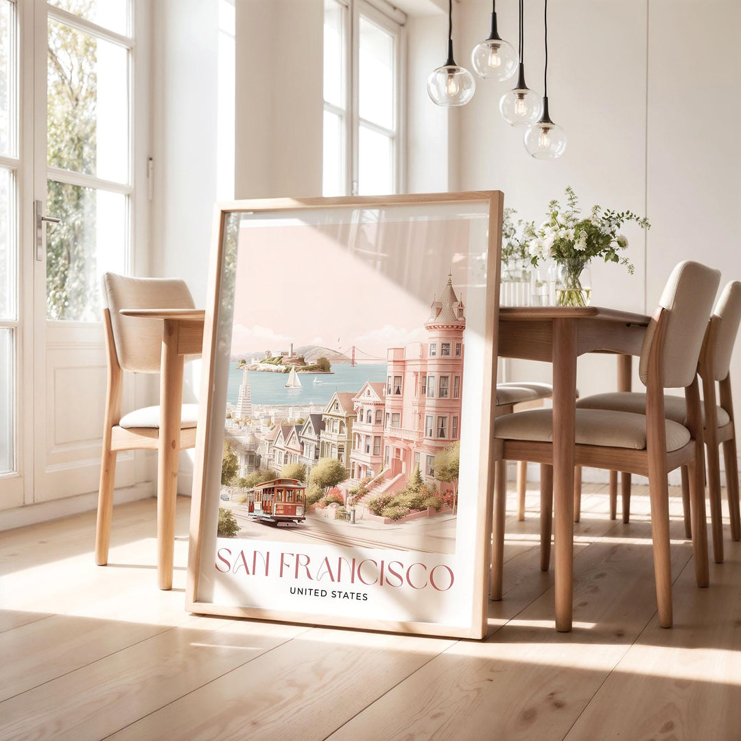 San Francisco Travel Art Print, United States California Watercolour Wall Art, Pastel Alcatraz Island Poster, Pink Cityscape Home Decor