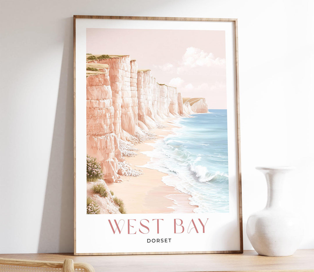 West Bay Travel Art Print, Dorset Jurassic Coast Watercolour Wall Art, Pastel Romantic Seaside Poster, Beach Cliffs England Home Decor