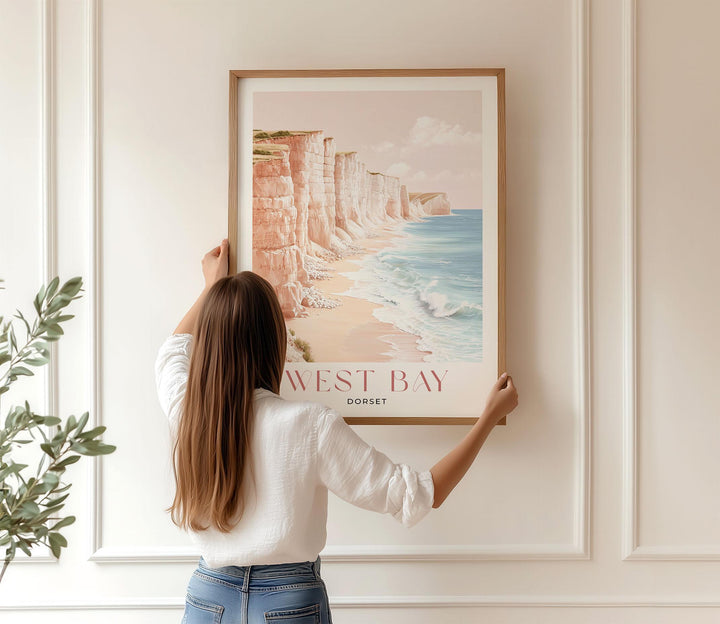 West Bay Travel Art Print, Dorset Jurassic Coast Watercolour Wall Art, Pastel Romantic Seaside Poster, Beach Cliffs England Home Decor