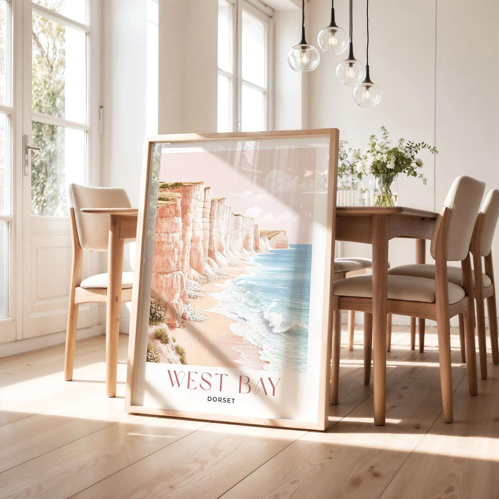 West Bay Travel Art Print, Dorset Jurassic Coast Watercolour Wall Art, Pastel Romantic Seaside Poster, Beach Cliffs England Home Decor