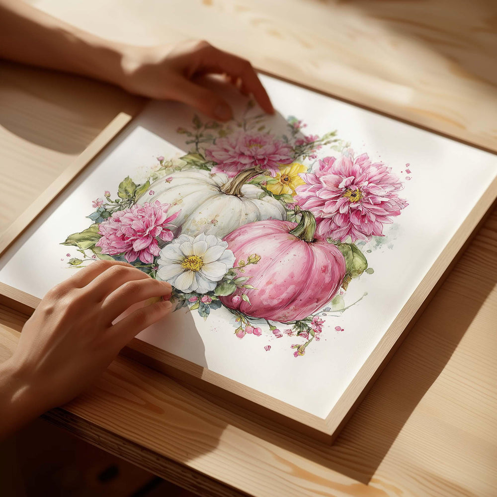 Pink Pumpkin Patch Print, Harvest Watercolour Wall Art, Rustic Autumn Floral Poster, Romantic Flowers Thanksgiving Vegetable Home Decor