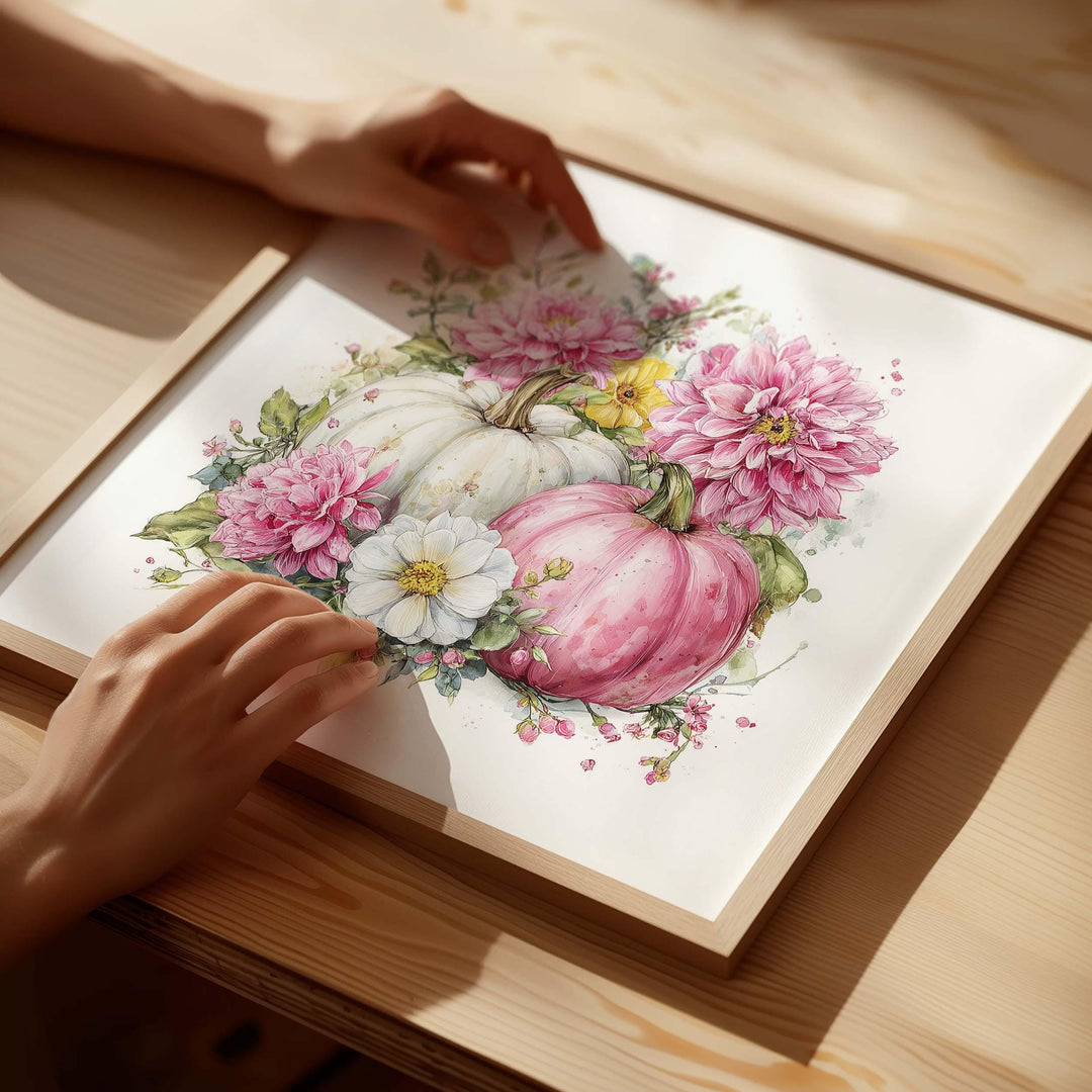 Pink Pumpkin Patch Print, Harvest Watercolour Wall Art, Rustic Autumn Floral Poster, Romantic Flowers Thanksgiving Vegetable Home Decor