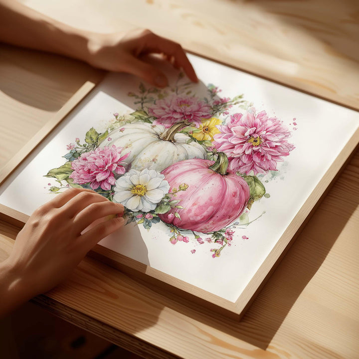 Pink Pumpkin Patch Print, Harvest Watercolour Wall Art, Rustic Autumn Floral Poster, Romantic Flowers Thanksgiving Vegetable Home Decor