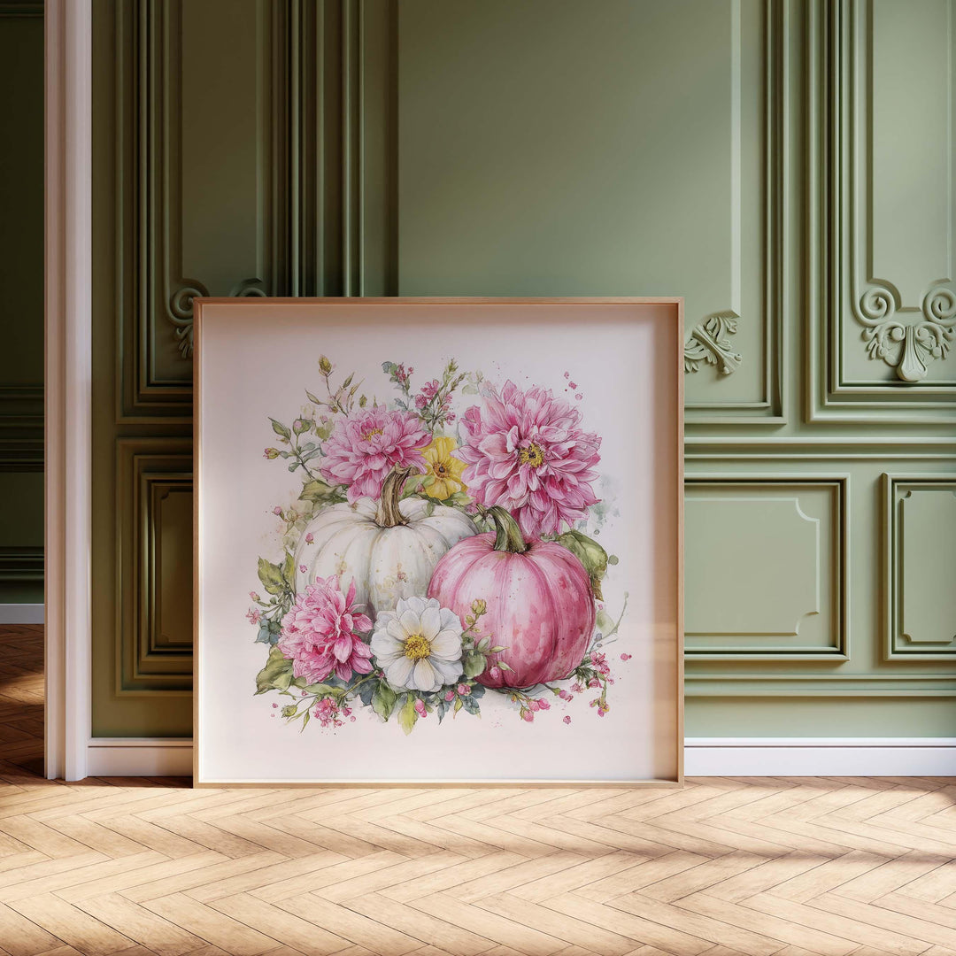 Pink Pumpkin Patch Print, Harvest Watercolour Wall Art, Rustic Autumn Floral Poster, Romantic Flowers Thanksgiving Vegetable Home Decor