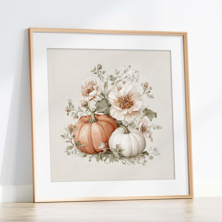 Pretty Pumpkin Patch Print, Floral Pumpkin Flowers Wall Art, Rustic Harvest Vegetable Poster, Cosy Autumn Halloween Squash Home Decor