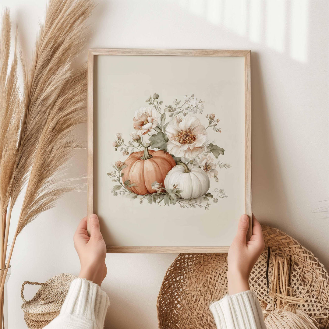 Pretty Pumpkin Patch Print, Floral Pumpkin Flowers Wall Art, Rustic Harvest Vegetable Poster, Cosy Autumn Halloween Squash Home Decor
