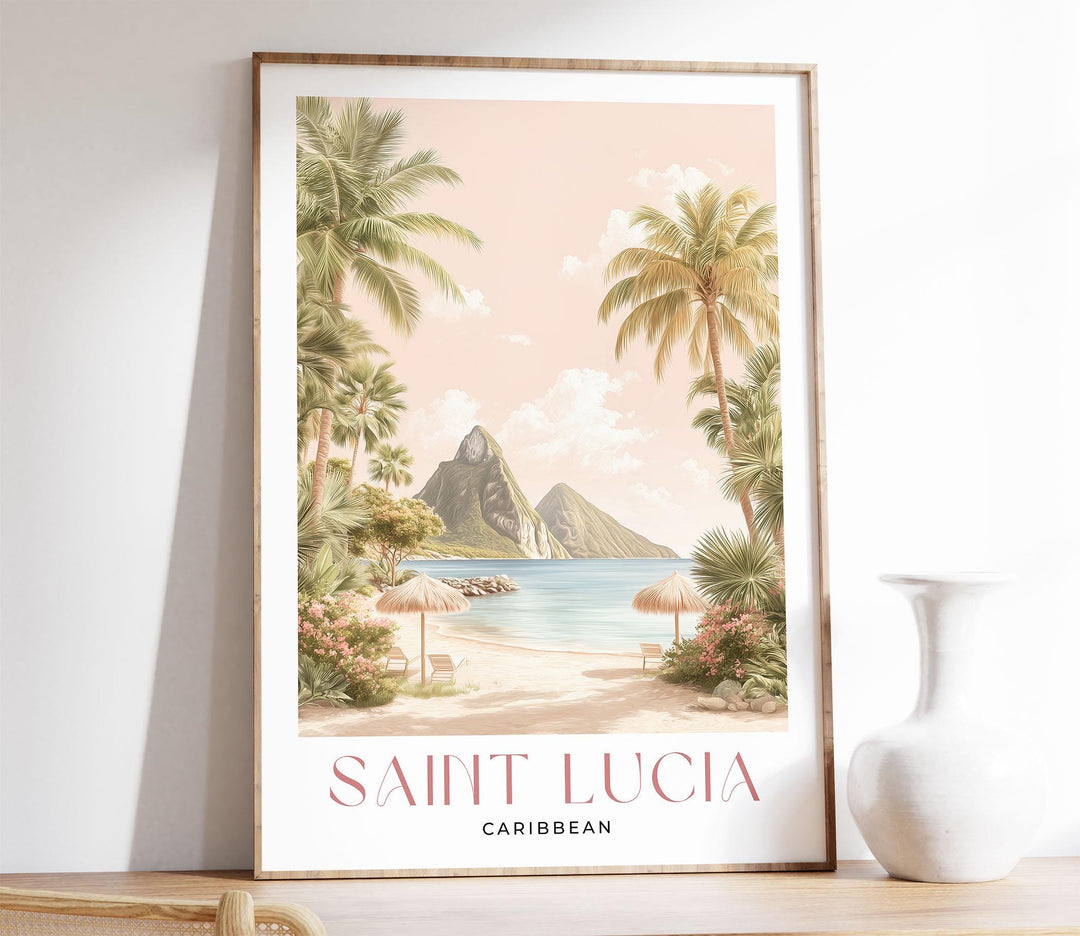 Saint Lucia Travel Art Print, Caribbean Watercolour Windward Island Wall Art, Pastel Wooded Mountains Pitons Poster, Pink Beach Home Decor