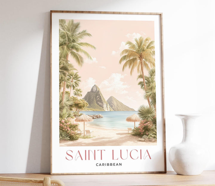 Saint Lucia Travel Art Print, Caribbean Watercolour Windward Island Wall Art, Pastel Wooded Mountains Pitons Poster, Pink Beach Home Decor