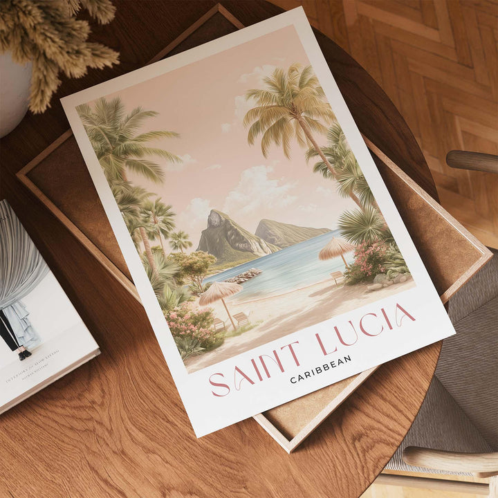 Saint Lucia Travel Art Print, Caribbean Watercolour Windward Island Wall Art, Pastel Wooded Mountains Pitons Poster, Pink Beach Home Decor