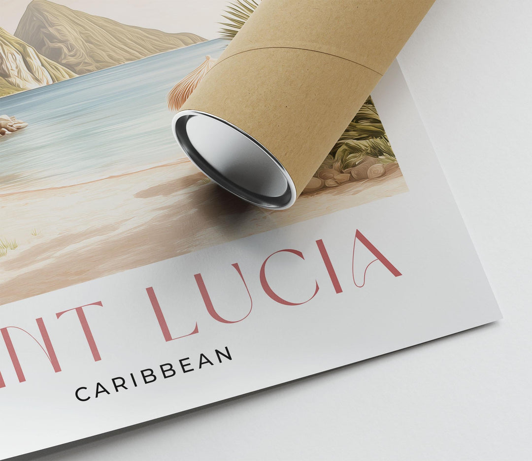 Saint Lucia Travel Art Print, Caribbean Watercolour Windward Island Wall Art, Pastel Wooded Mountains Pitons Poster, Pink Beach Home Decor