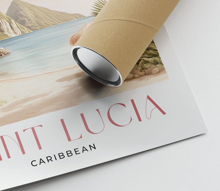 Saint Lucia Travel Art Print, Caribbean Watercolour Windward Island Wall Art, Pastel Wooded Mountains Pitons Poster, Pink Beach Home Decor