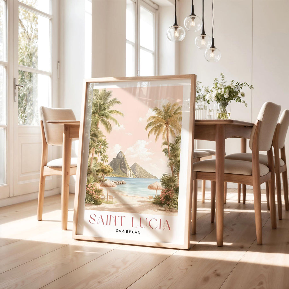 Saint Lucia Travel Art Print, Caribbean Watercolour Windward Island Wall Art, Pastel Wooded Mountains Pitons Poster, Pink Beach Home Decor