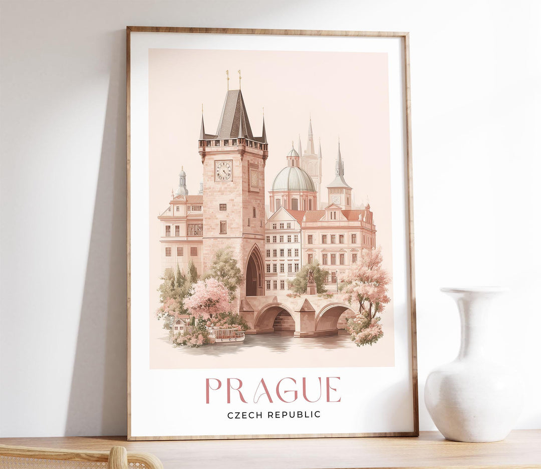 Prague Travel Art Print, Czech Republic Pastel Watercolour Wall Art, Charles Bridge Pink Cityscape Home Decor, Pink Capital Castle Poster