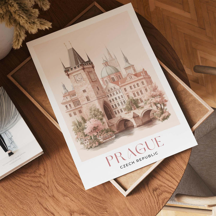 Prague Travel Art Print, Czech Republic Pastel Watercolour Wall Art, Charles Bridge Pink Cityscape Home Decor, Pink Capital Castle Poster