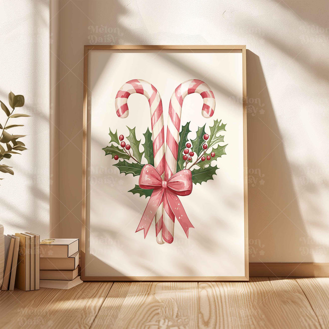 Holiday Candy Canes Christmas Print, Pink Sweets And Holly Poster, Festive Ribbon Gift Home Decor, Kids Thanksgiving Treats Wall Art