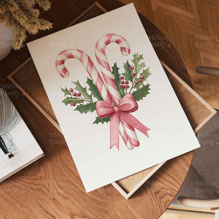 Holiday Candy Canes Christmas Print, Pink Sweets And Holly Poster, Festive Ribbon Gift Home Decor, Kids Thanksgiving Treats Wall Art