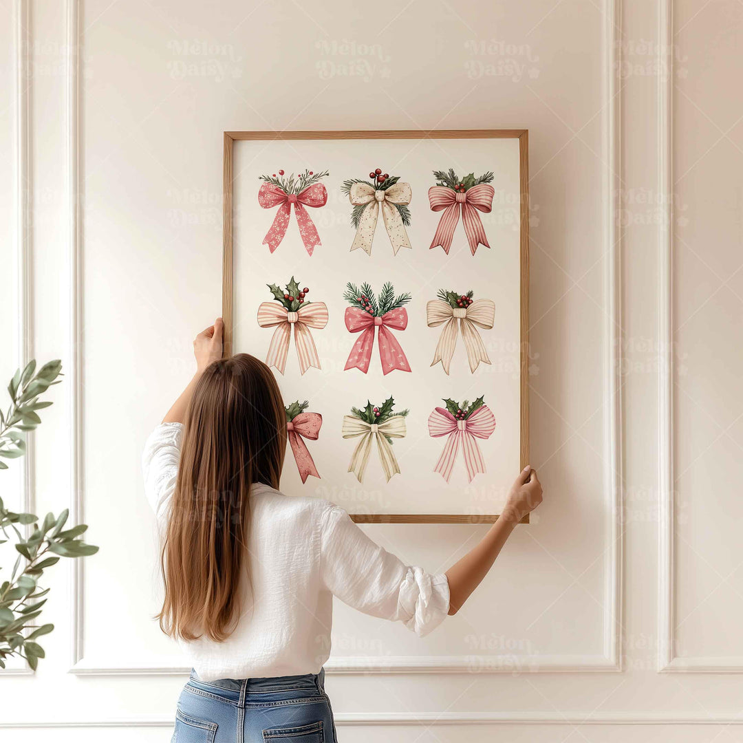 Coquette Holiday Christmas Print, Pink Festive Ribbons Poster, Holly Bows Home Decor, Pretty Watercolour Seasonal Wall Art