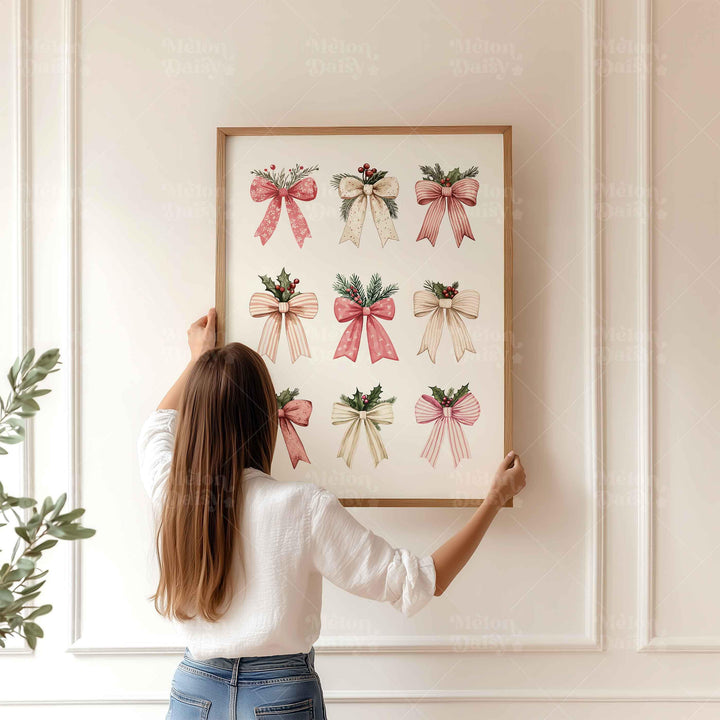 Coquette Holiday Christmas Print, Pink Festive Ribbons Poster, Holly Bows Home Decor, Pretty Watercolour Seasonal Wall Art