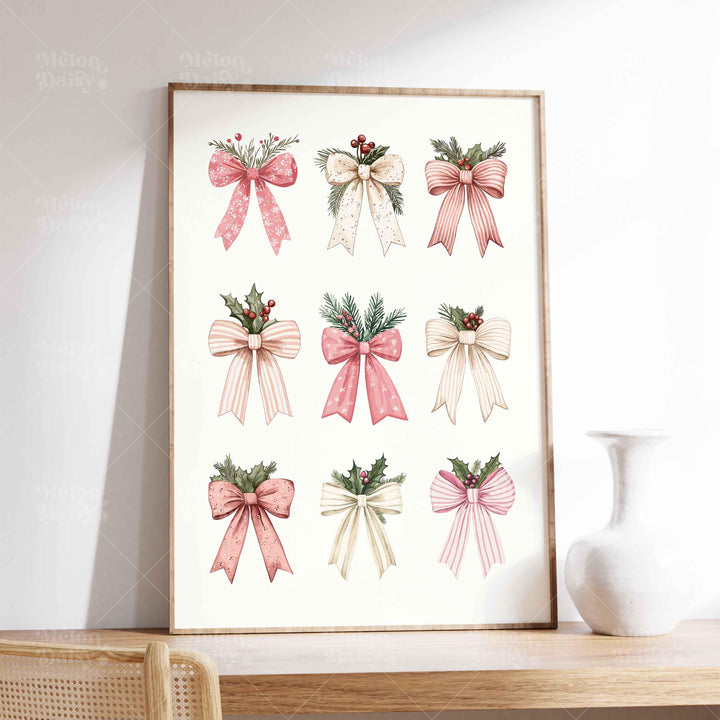 Coquette Holiday Christmas Print, Pink Festive Ribbons Poster, Holly Bows Home Decor, Pretty Watercolour Seasonal Wall Art