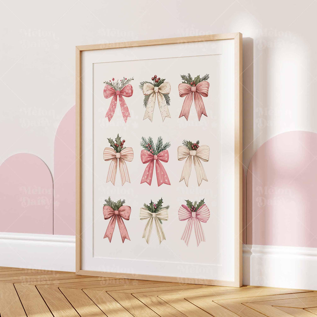 Coquette Holiday Christmas Print, Pink Festive Ribbons Poster, Holly Bows Home Decor, Pretty Watercolour Seasonal Wall Art