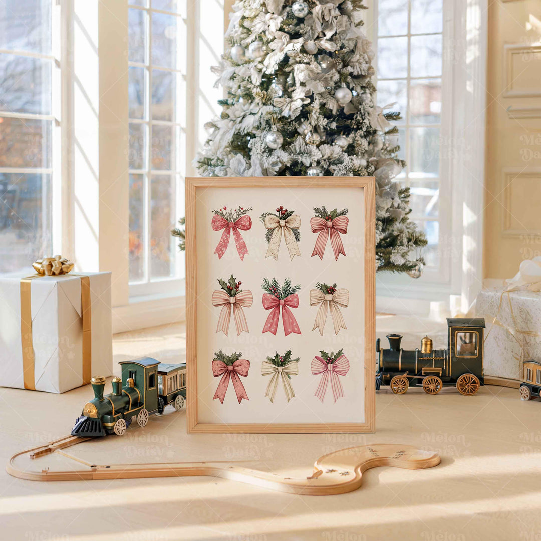 Coquette Holiday Christmas Print, Pink Festive Ribbons Poster, Holly Bows Home Decor, Pretty Watercolour Seasonal Wall Art