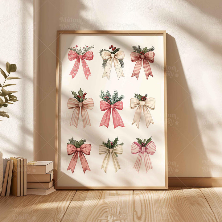 Coquette Holiday Christmas Print, Pink Festive Ribbons Poster, Holly Bows Home Decor, Pretty Watercolour Seasonal Wall Art
