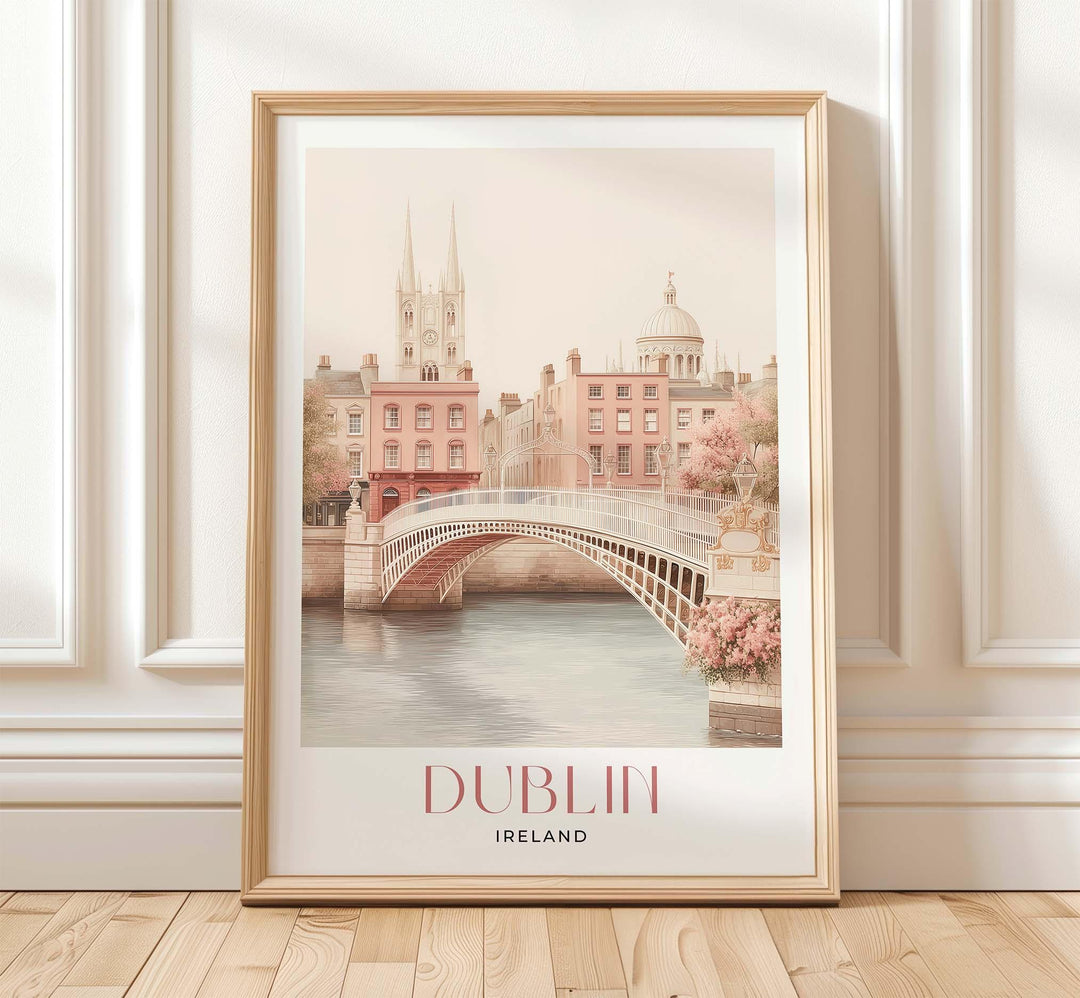 Dublin Travel Art Print, Ireland Pastel Pink Watercolour Wall Art, Ha'penny Bridge River Liffey Poster, Irish Cityscape Neutral Home Decor