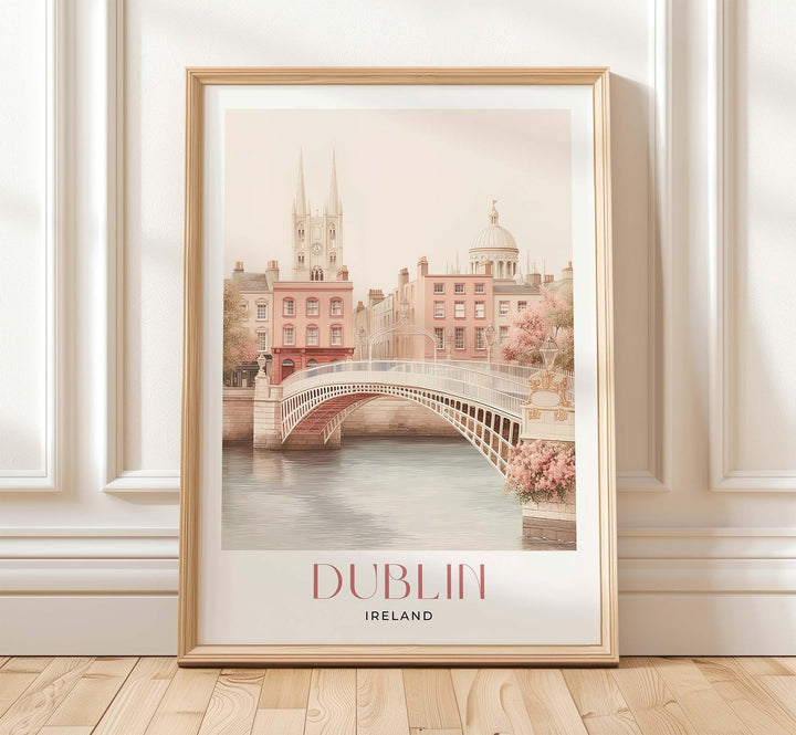Dublin Travel Art Print, Ireland Pastel Pink Watercolour Wall Art, Ha'penny Bridge River Liffey Poster, Irish Cityscape Neutral Home Decor