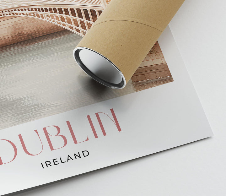 Dublin Travel Art Print, Ireland Pastel Pink Watercolour Wall Art, Ha'penny Bridge River Liffey Poster, Irish Cityscape Neutral Home Decor