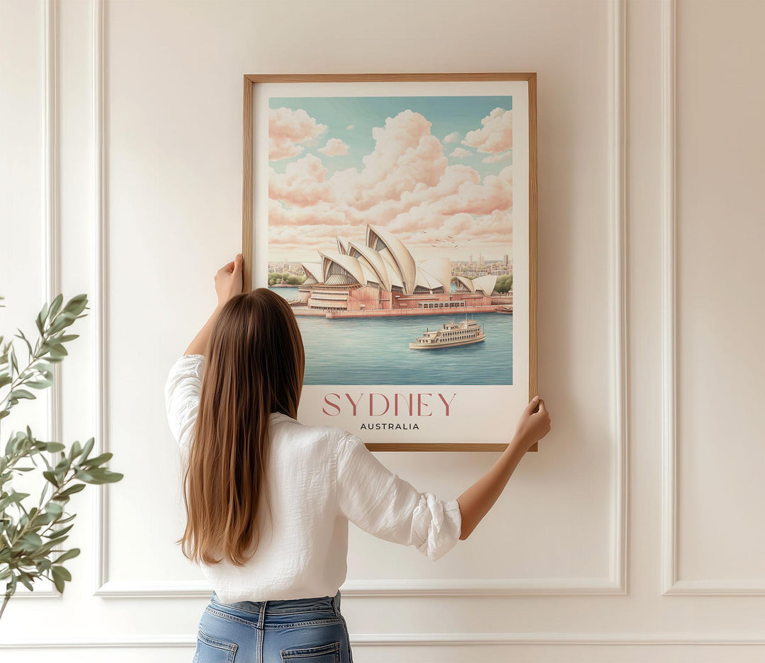 Sydney Travel Art Print, Australia Sydney Opera House Watercolour Wall Art, Pink Pastel Dreamy Harbour Poster, Romantic Cityscape Home Decor