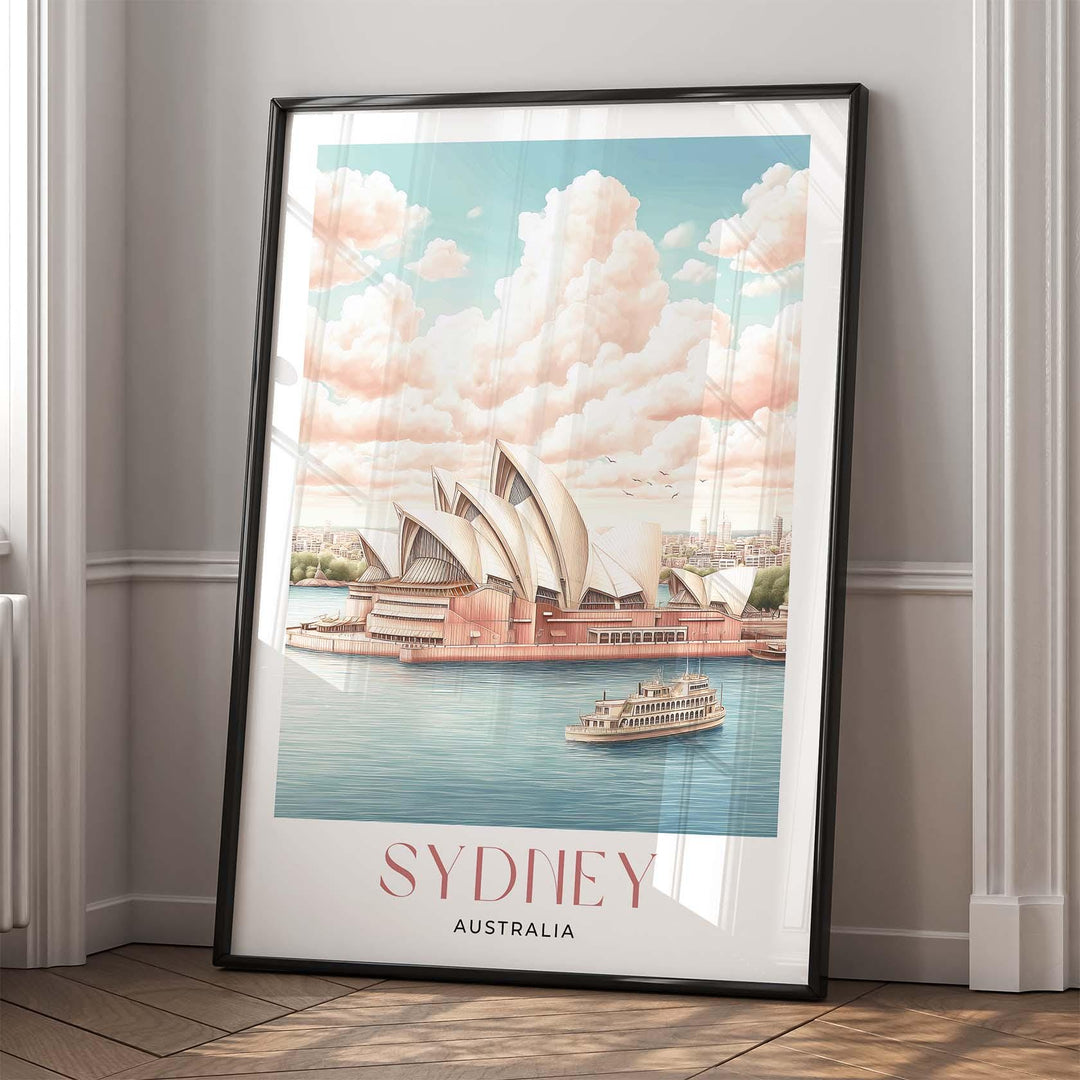 Sydney Travel Art Print, Australia Sydney Opera House Watercolour Wall Art, Pink Pastel Dreamy Harbour Poster, Romantic Cityscape Home Decor