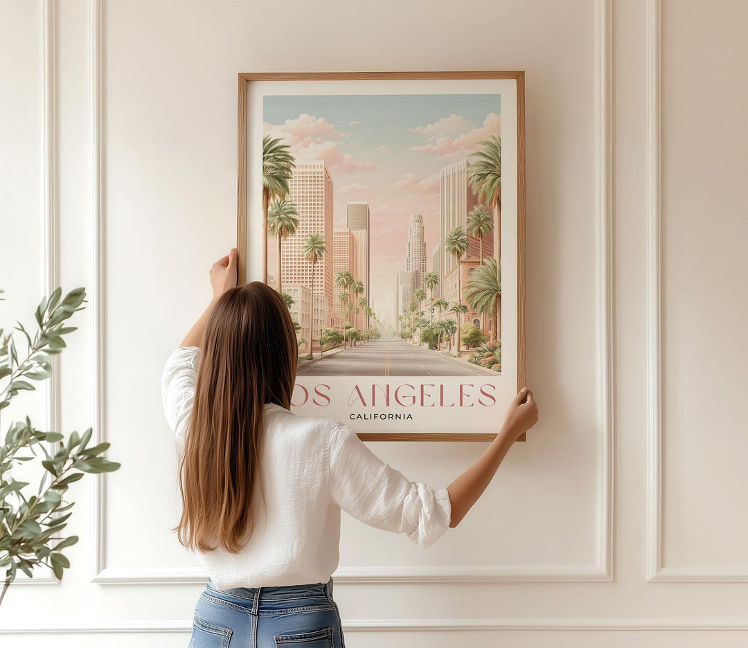 Los Angeles Travel Art Print, California City of Angels Pink Watercolour Wall Art, Neutral Boulevard Cityscape Poster, Hollywood Home Decor