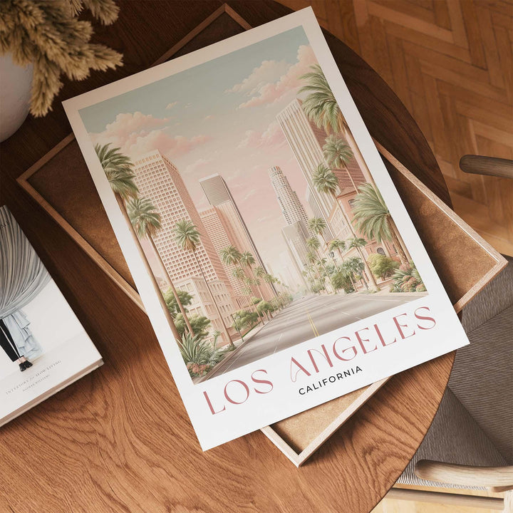 Los Angeles Travel Art Print, California City of Angels Pink Watercolour Wall Art, Neutral Boulevard Cityscape Poster, Hollywood Home Decor