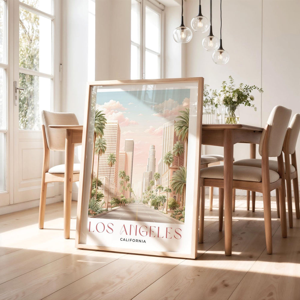 Los Angeles Travel Art Print, California City of Angels Pink Watercolour Wall Art, Neutral Boulevard Cityscape Poster, Hollywood Home Decor