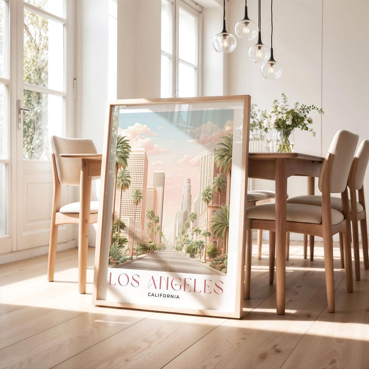 Los Angeles Travel Art Print, California City of Angels Pink Watercolour Wall Art, Neutral Boulevard Cityscape Poster, Hollywood Home Decor