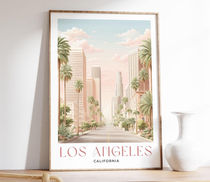 Los Angeles Travel Art Print, California City of Angels Pink Watercolour Wall Art, Neutral Boulevard Cityscape Poster, Hollywood Home Decor