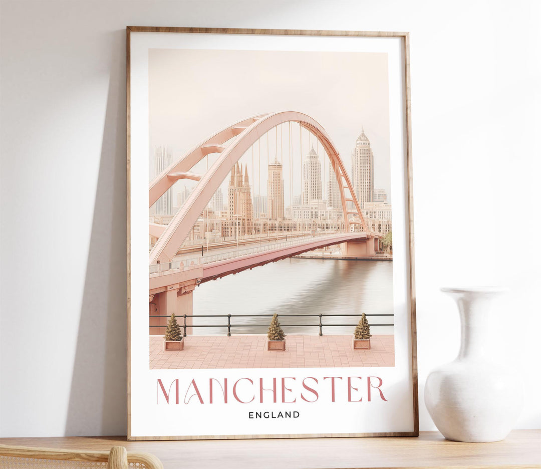 Manchester Travel Art Print, Millennium Bridge Watercolour Wall Art, Pink Salford Quays Poster, Pastel Romantic River Irwell Home Decor