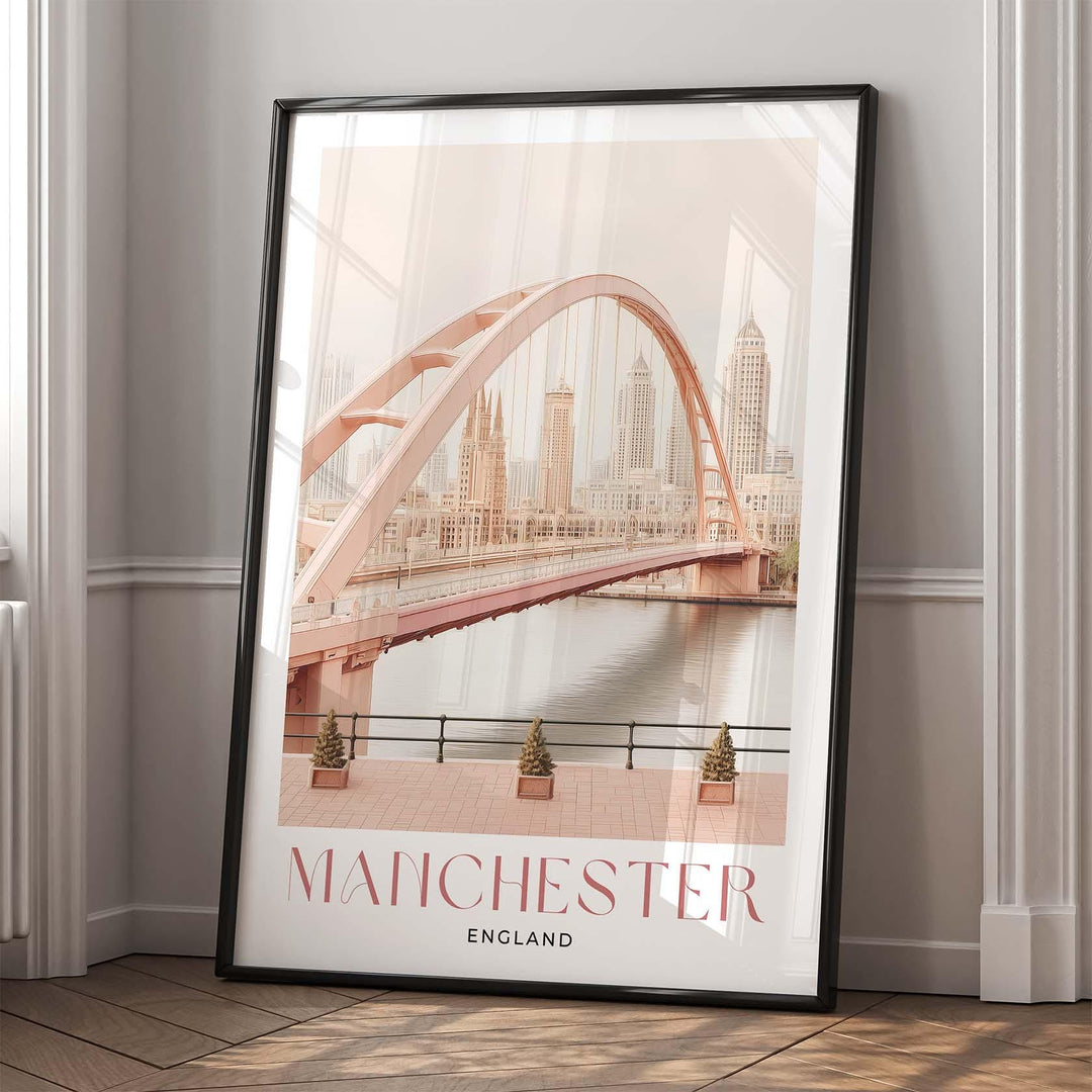 Manchester Travel Art Print, Millennium Bridge Watercolour Wall Art, Pink Salford Quays Poster, Pastel Romantic River Irwell Home Decor