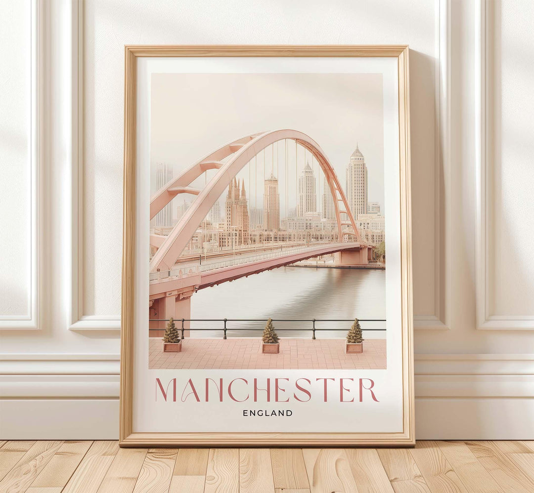 Manchester Travel Art Print, Millennium Bridge Watercolour Wall Art, Pink Salford Quays Poster, Pastel Romantic River Irwell Home Decor