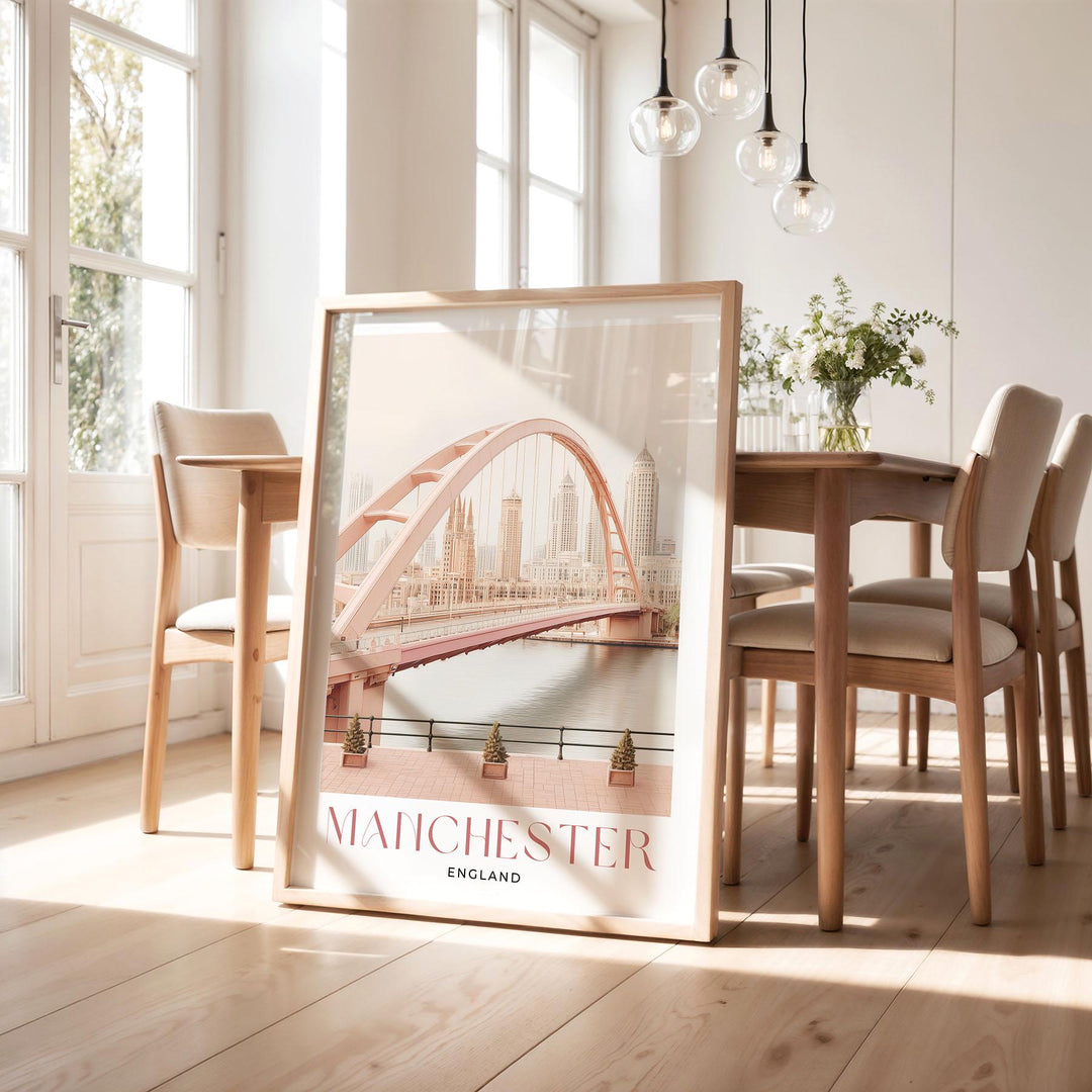 Manchester Travel Art Print, Millennium Bridge Watercolour Wall Art, Pink Salford Quays Poster, Pastel Romantic River Irwell Home Decor