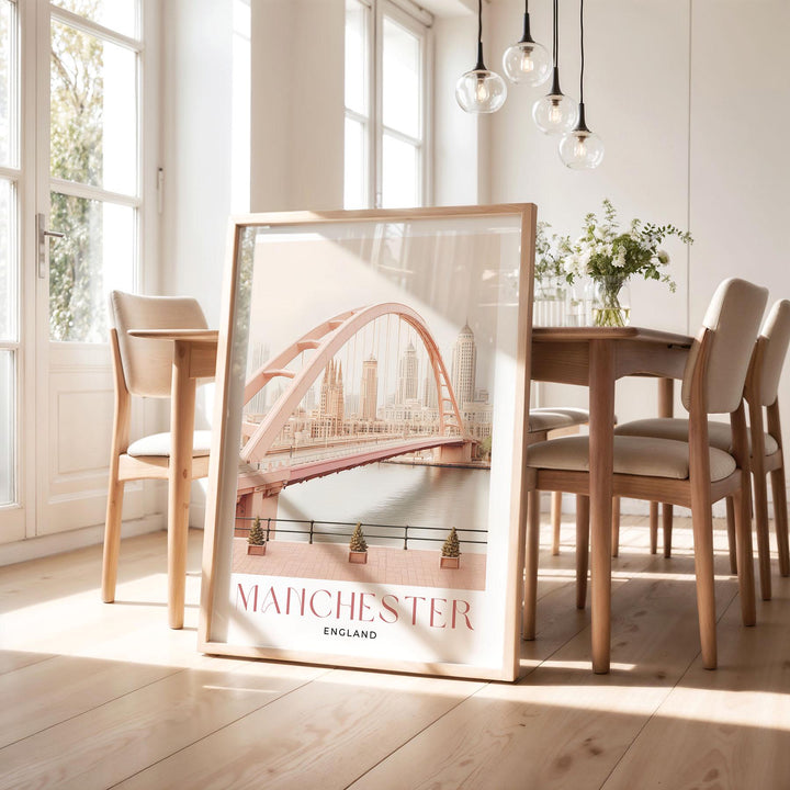 Manchester Travel Art Print, Millennium Bridge Watercolour Wall Art, Pink Salford Quays Poster, Pastel Romantic River Irwell Home Decor
