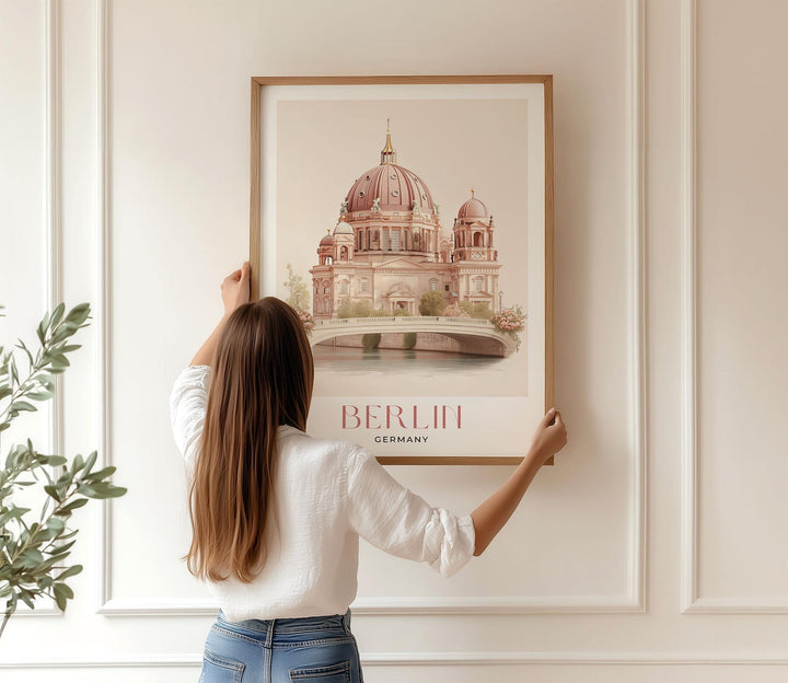 Berlin Travel Art Print, Germany Berlin Cathedral Watercolour Wall Art, Neutral River Spree Poster, Pink Beige Museum Island Home Decor