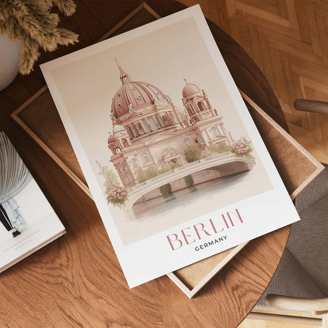 Berlin Travel Art Print, Germany Berlin Cathedral Watercolour Wall Art, Neutral River Spree Poster, Pink Beige Museum Island Home Decor