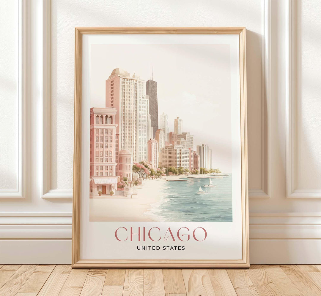 Chicago Travel Art Print, Illinois, United States Watercolour Wall Art, Neutral Lake Michigan Poster, Pink Lakefront Skyscraper Home Decor