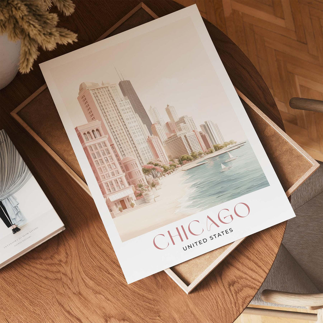 Chicago Travel Art Print, Illinois, United States Watercolour Wall Art, Neutral Lake Michigan Poster, Pink Lakefront Skyscraper Home Decor