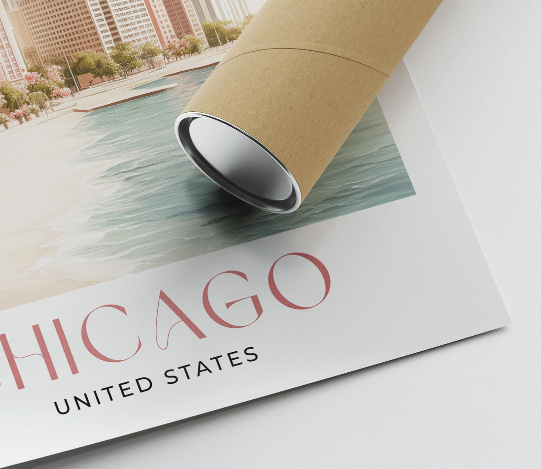 Chicago Travel Art Print, Illinois, United States Watercolour Wall Art, Neutral Lake Michigan Poster, Pink Lakefront Skyscraper Home Decor