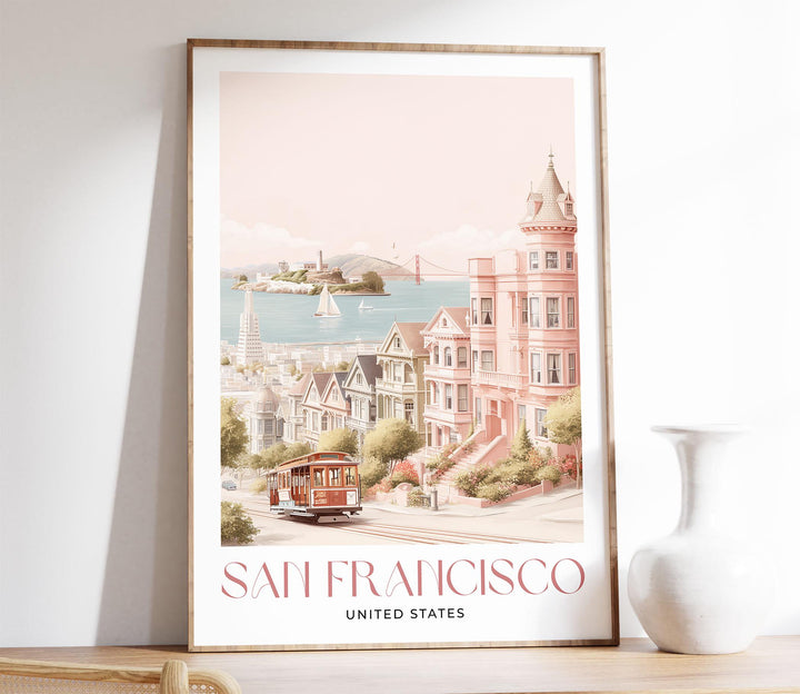 San Francisco Travel Art Print, United States California Watercolour Wall Art, Pastel Alcatraz Island Poster, Pink Cityscape Home Decor