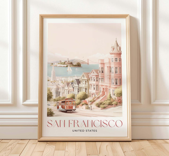 San Francisco Travel Art Print, United States California Watercolour Wall Art, Pastel Alcatraz Island Poster, Pink Cityscape Home Decor